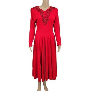Expo Vintage Bright Red Fit & Flare Party Dress Long Sleeves Wool Blend Women's